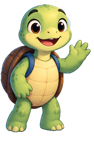 Turtle Study Buddy, a smiling green turtle with a brown shell and blue straps